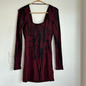 NWT Affliction Burgundy & Black Tunic Long Sleeve Top Tie Dye Open Back